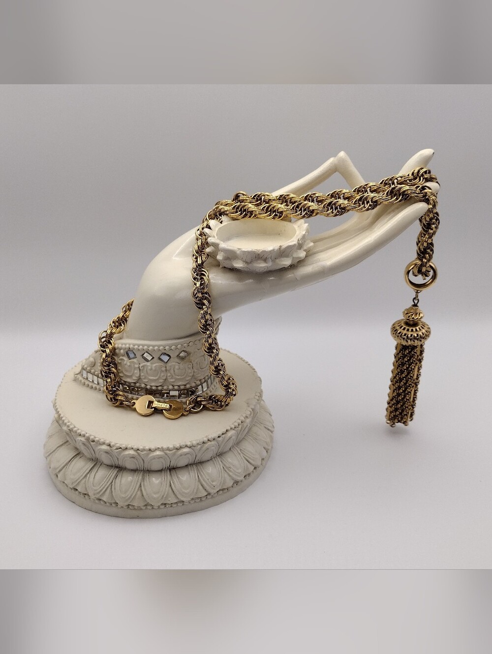 Monet Damita Gold-Tone Rope Chain Tassel Pendant Necklace Vintage Book Piece